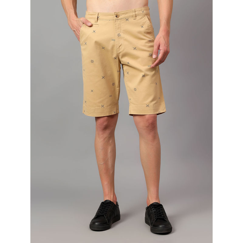 Cantabil Men Khaki Printed Cotton Above Knee Shorts (32)