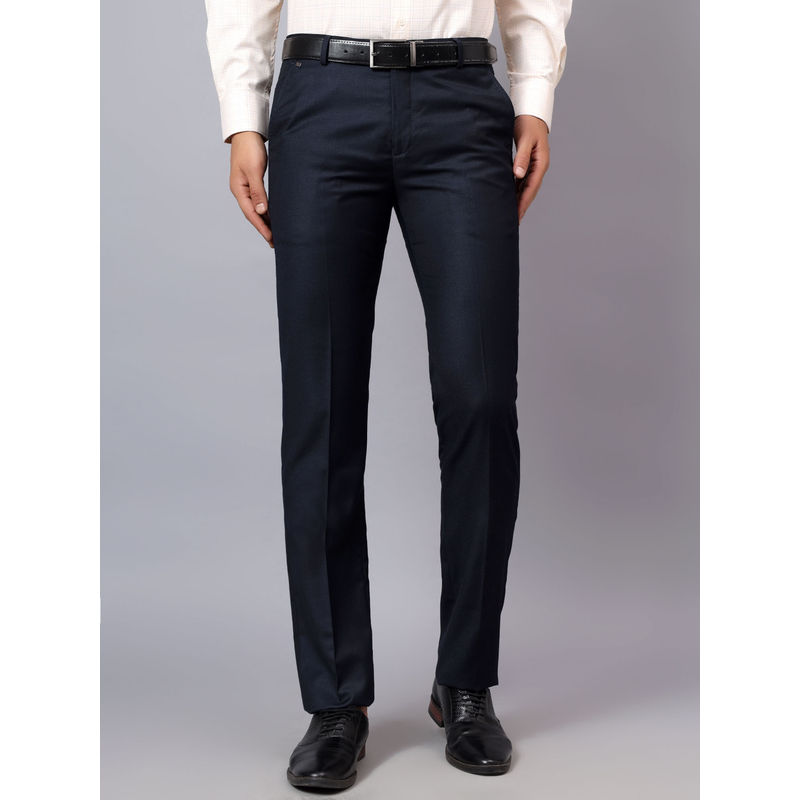 Cantabil Men Navy Blue Solid Non Pleated Formal Trouser (34)