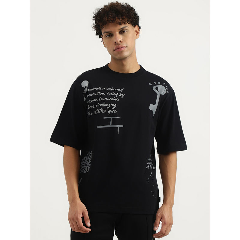 United Colors of Benetton Black Oversized Round Neck Typography T-Shirt (XL)