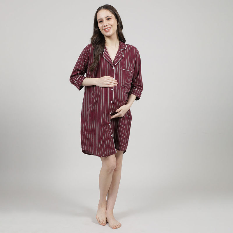 Mackly Womens Burgundy Lines Maternity Shirt Dress (S)