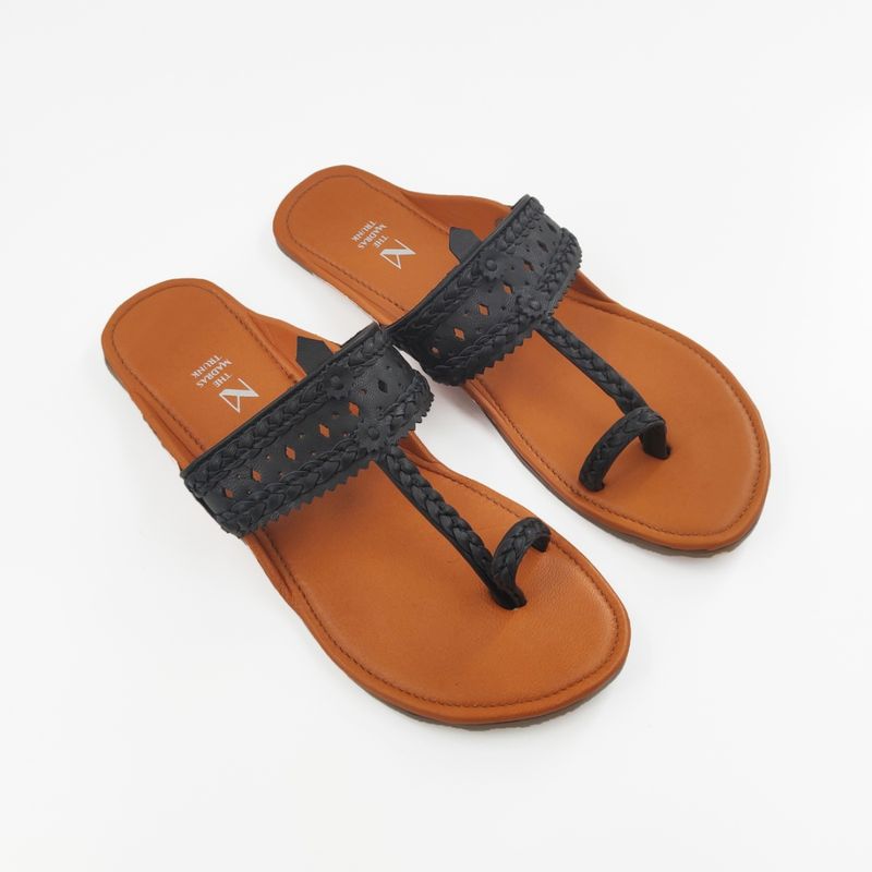 The Madras Trunk Orange And Black Kolhapuris - EURO 41