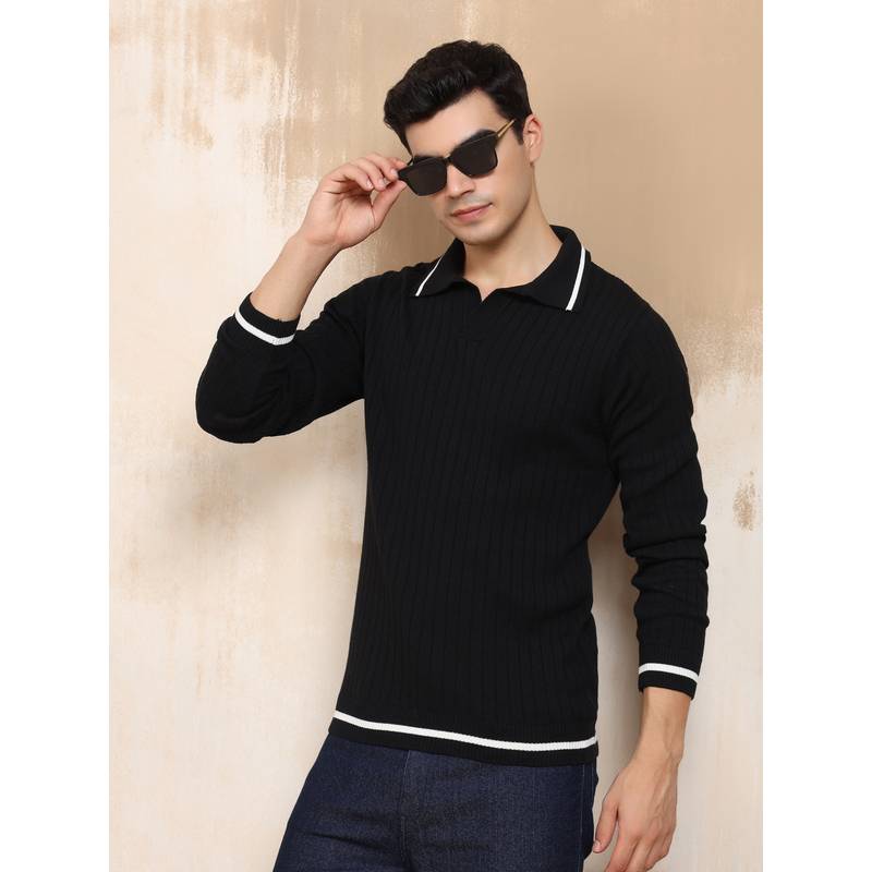 Kvetoo Men Black Textured Cotton Sweater (M)