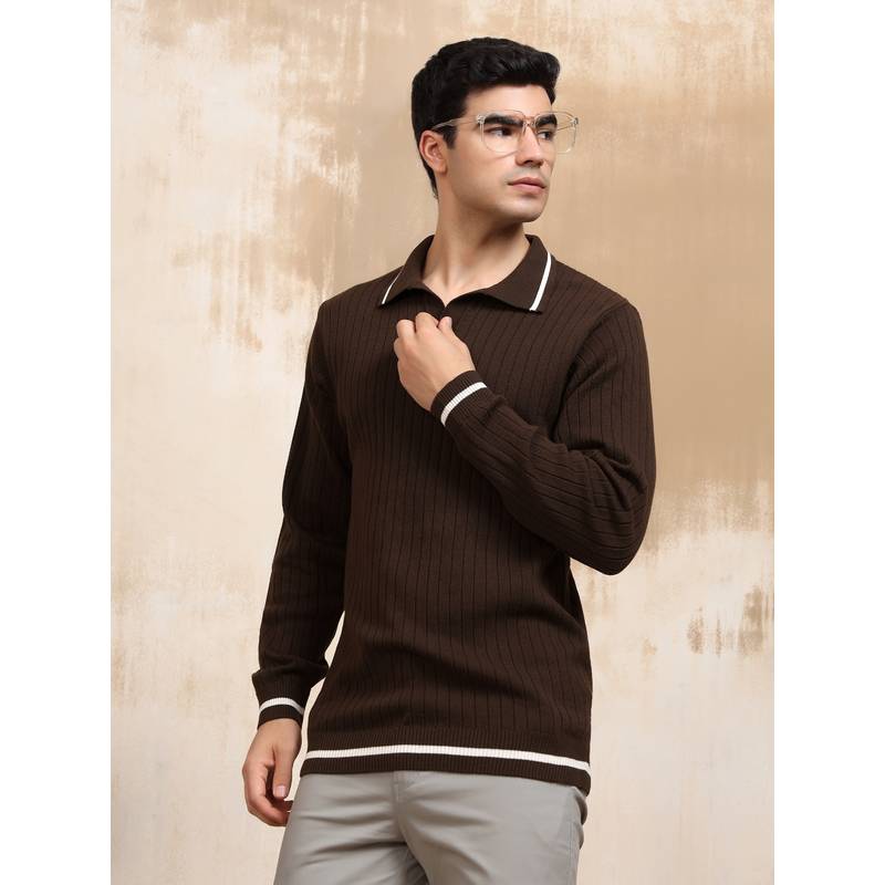 Kvetoo Men Brown Textured Cotton Sweater (M)