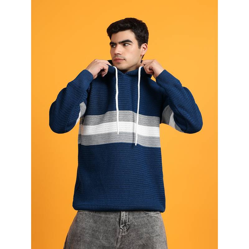 Kvetoo Men Blue Stripes Acrylic hoodie (L)