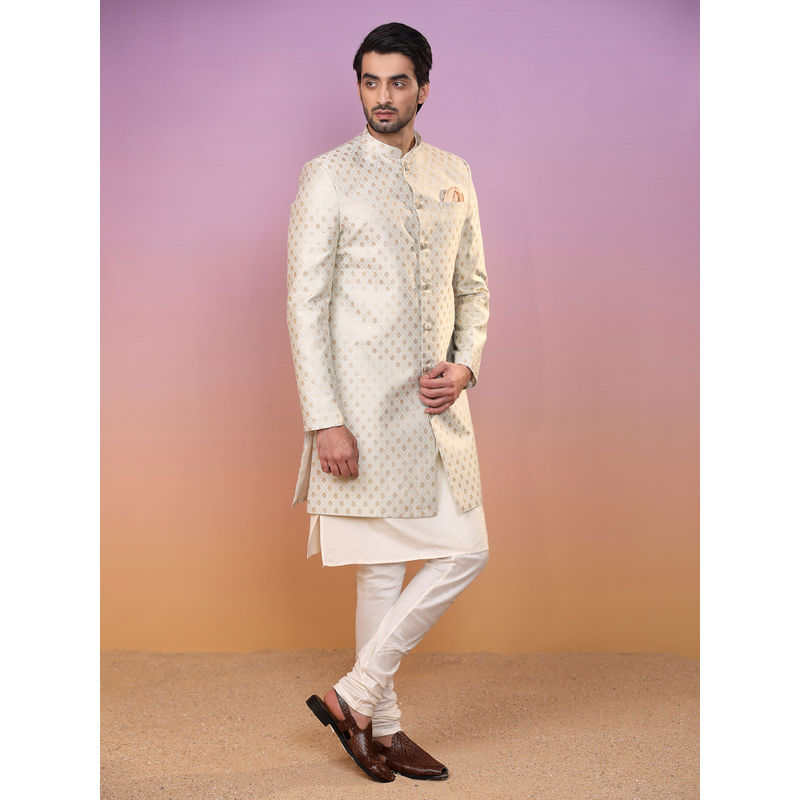 KISAH Men Cream Textured Silk Blend Kurta Indowestern Sherwani Churidar Set with Ethnic Motifs (L)