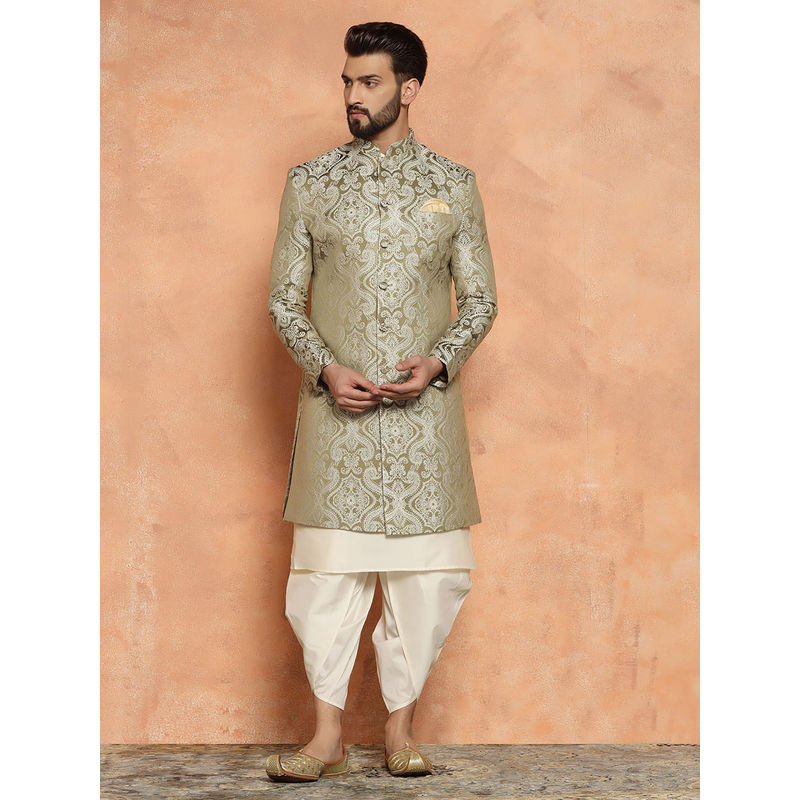 KISAH Men Olive green Embroidery Silk Blend Kurta Indowestern Sherwani Dhoti Set with Ethnic Motifs (S)