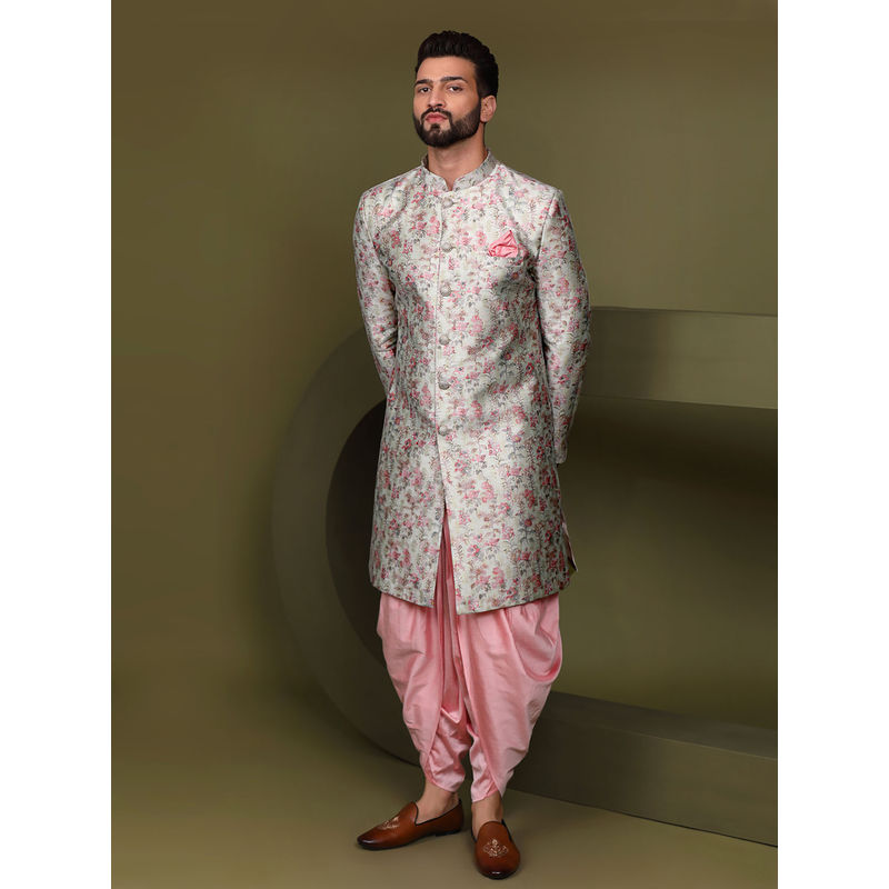 KISAH Men Multi Coloured Printed Silk Blend Indowestern Sherwani Dhoti Set with Zari Design (XL)