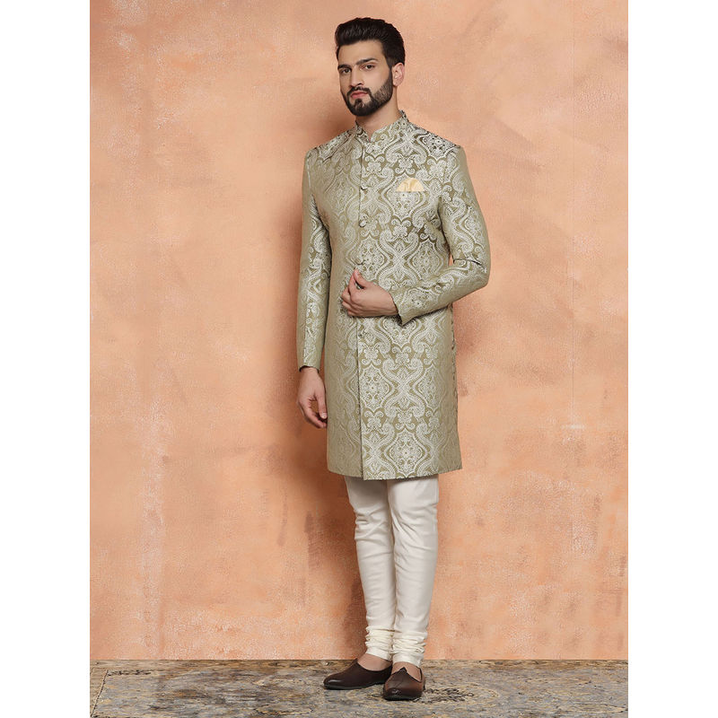 KISAH Men Olive green Embroidery Silk Blend Indowestern Sherwani Churidar Set with Zari Design (L)