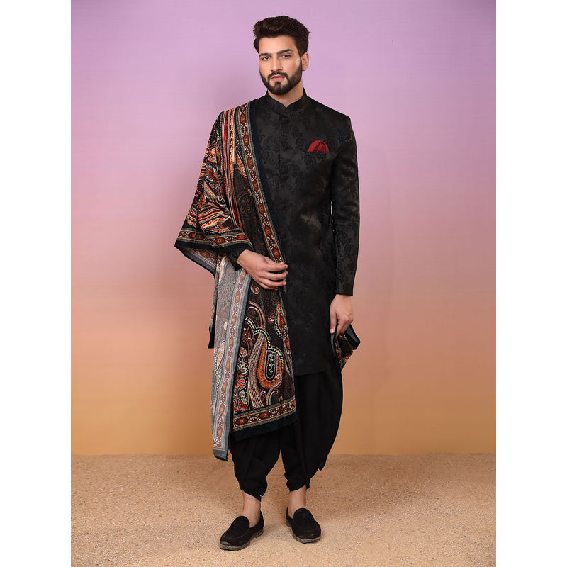 KISAH Men Black Textured Silk Blend Jacquard Indowestern Sherwani Dhoti Pant Dupatta with Zari Design (L)