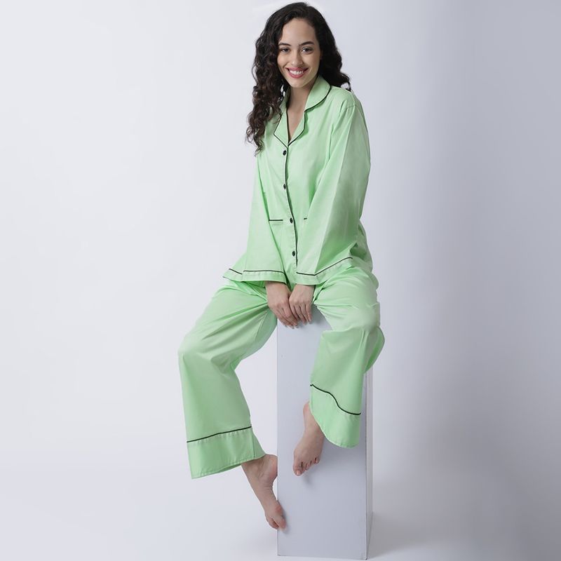 Secret Wish Women Lime Green Cotton Satin Night Suit (Set of 2) (M)