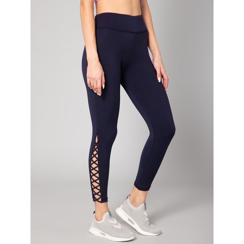 Muscle Torque Gym Yoga High Waist Side Cross Drawstring Tights Navy Blue (L)