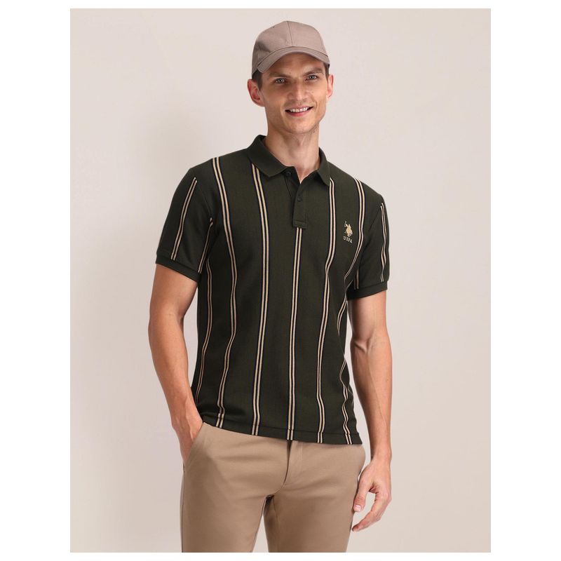 U.S. POLO ASSN. Stripes Olive Half Sleeves Collar Neck Polo T-Shirt (M)