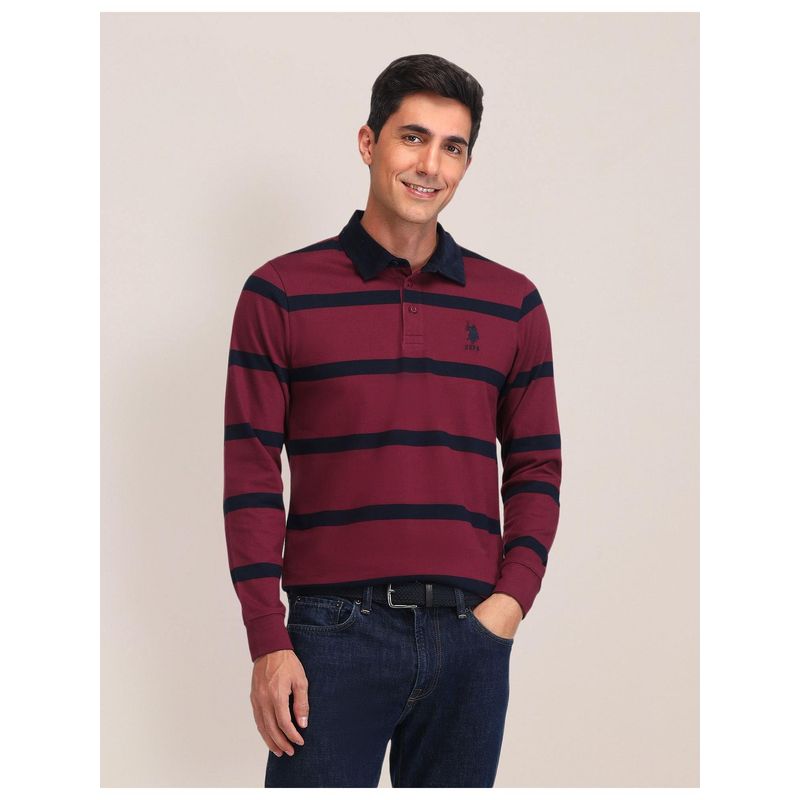 U.S. POLO ASSN. Stripes Red Full Sleeves Collar Neck Polo T-Shirt (L)