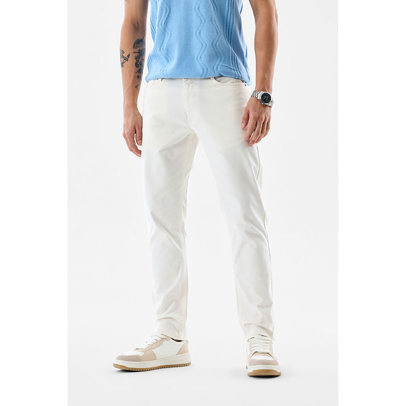 Snitch White Corduroy Slim Casual Trouser for Men (32)