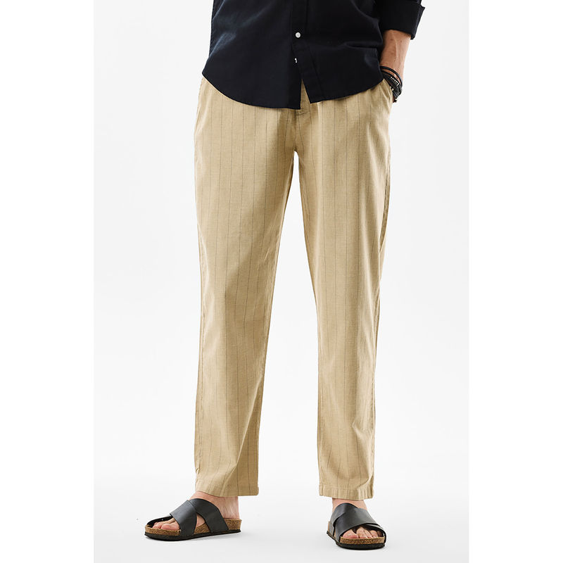 Snitch Beige Stripes Regular Casual Trouser for Men (32)