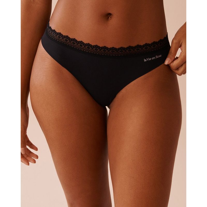 La Vie En Rose Black Microfiber and Lace Trim Thong Panty (L)