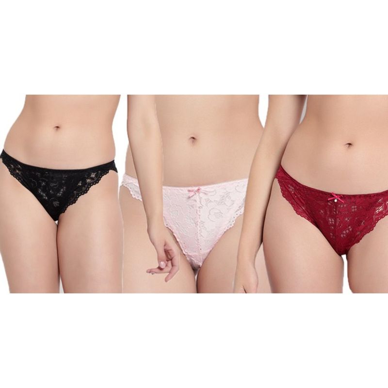 BRACHY Black, Maroon and Peach Mid-Rise Net Self Design Panties Bikini Briefs (Pack of 3) (M)