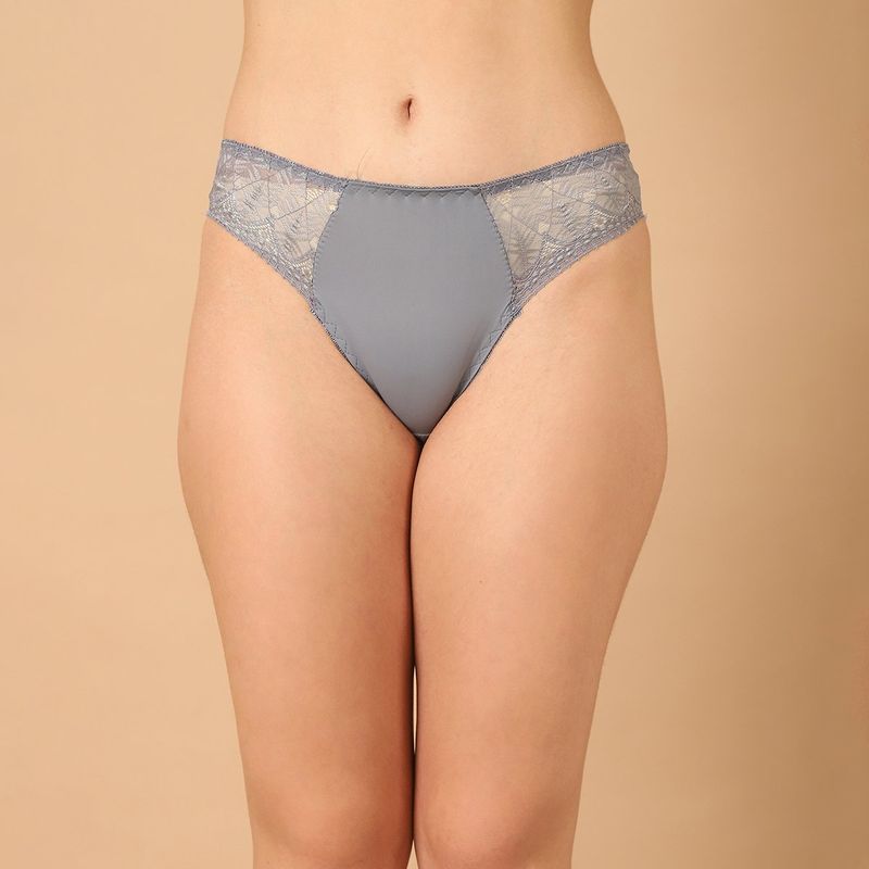 PrettyCat Grey Mid Rise Sexy Lace Bikini Panty for Women (M)