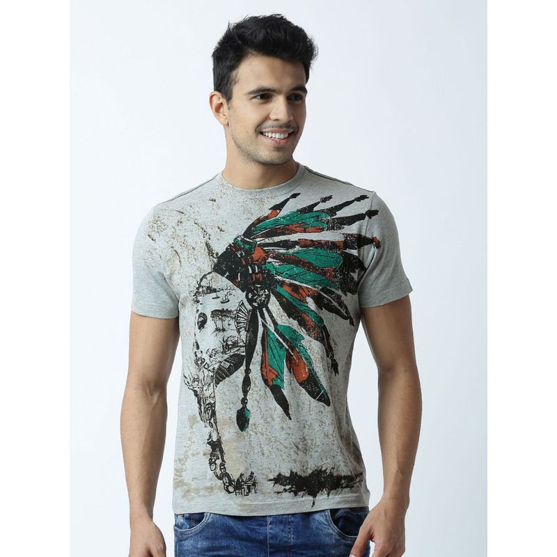 Huetrap Mens Printed Round Neck Grey T-Shirt (S)