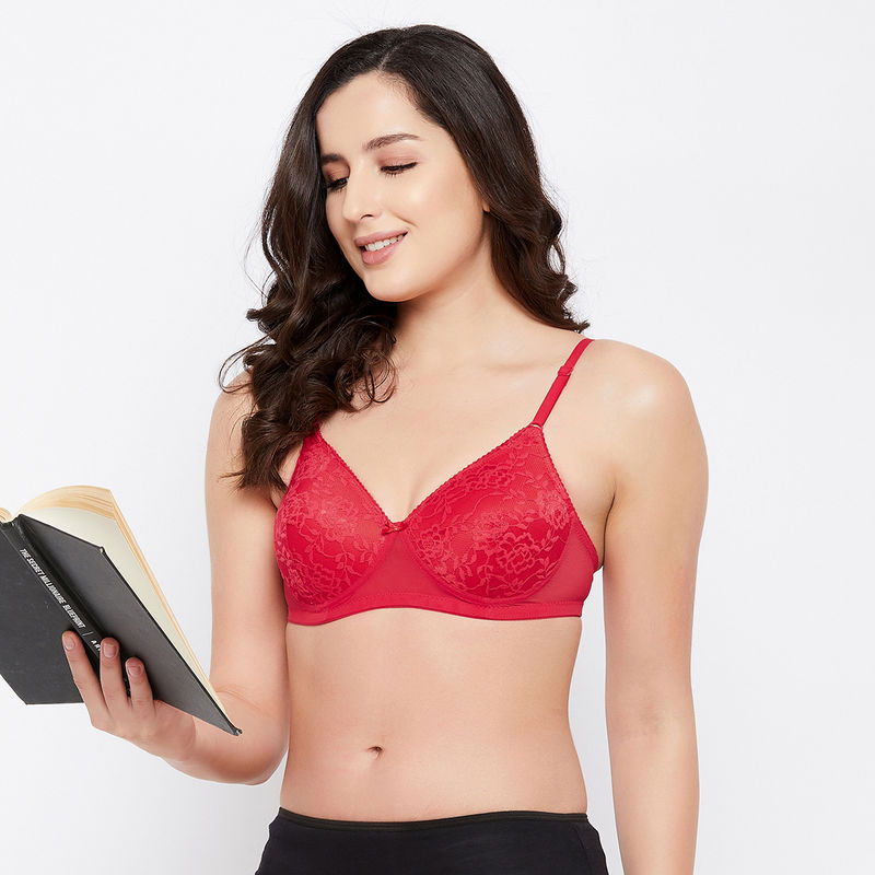 Clovia Lace Solid Padded Full Cup Wire Free Everyday Bra - Light Red (34C)