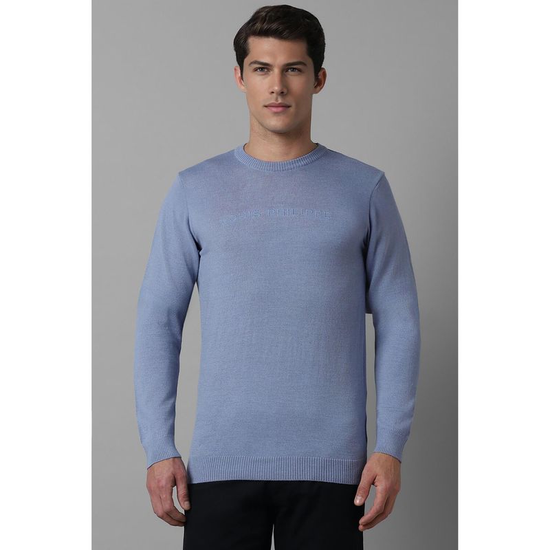 Louis Philippe Men Blue Embroidered Crew Neck Full Sleeves Sweater (XL)