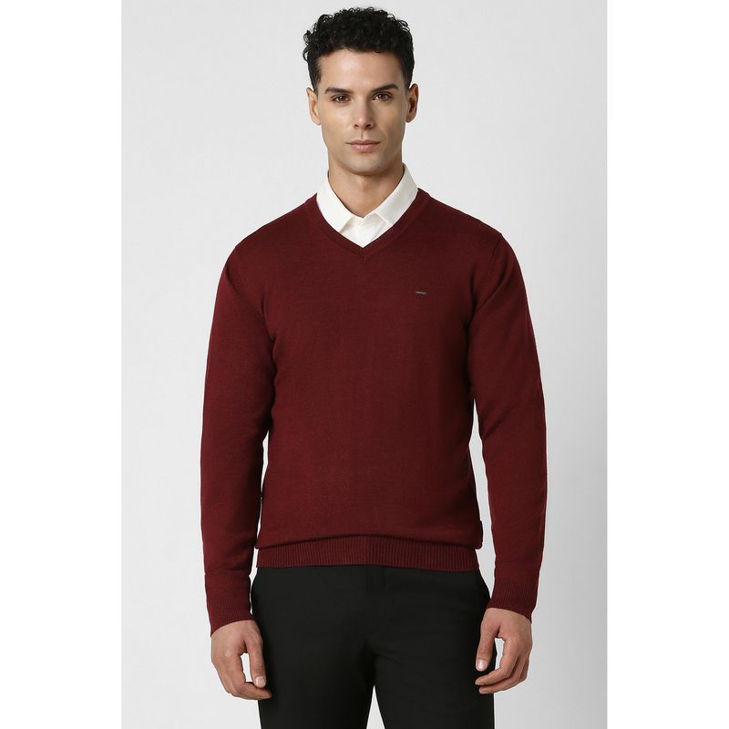Van Heusen Men Maroon Solid V Neck Sweater (XL)