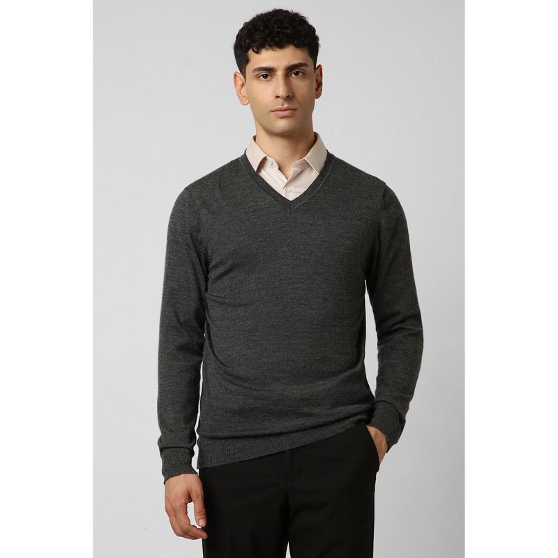 Van Heusen Men Grey Textured V Neck Sweater (S)