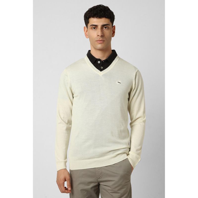 Van Heusen Men Cream Solid V Neck Sweater (M)