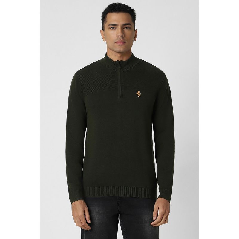 Van Heusen Men Green Self Design Round Neck Sweater (S)