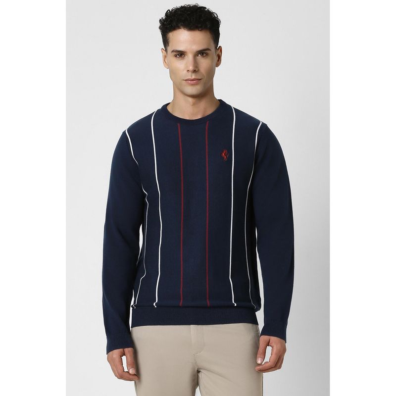 Van Heusen Men Navy Blue Stripes Crew Neck Sweater (XL)