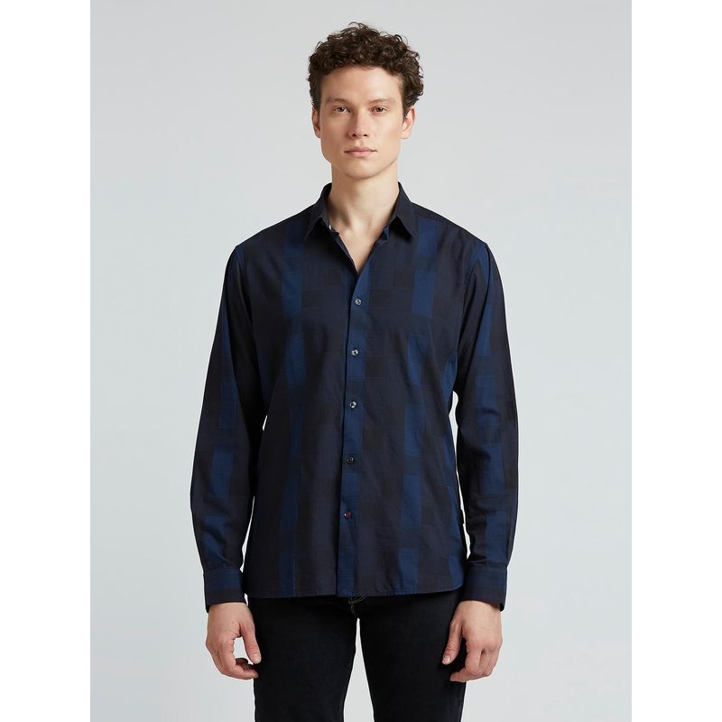Pepe Jeans Navy Blue Check Full Sleeve Shirt (L)