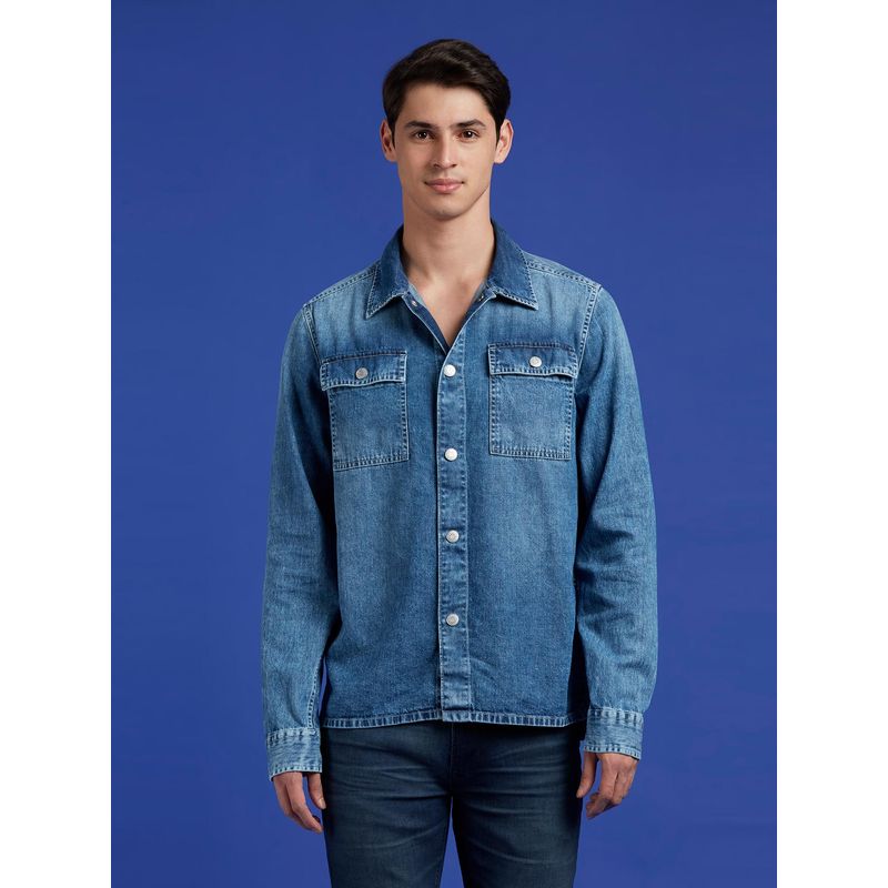 Pepe Jeans Blue Full Sleeve Oversized Denim Shirt (M)