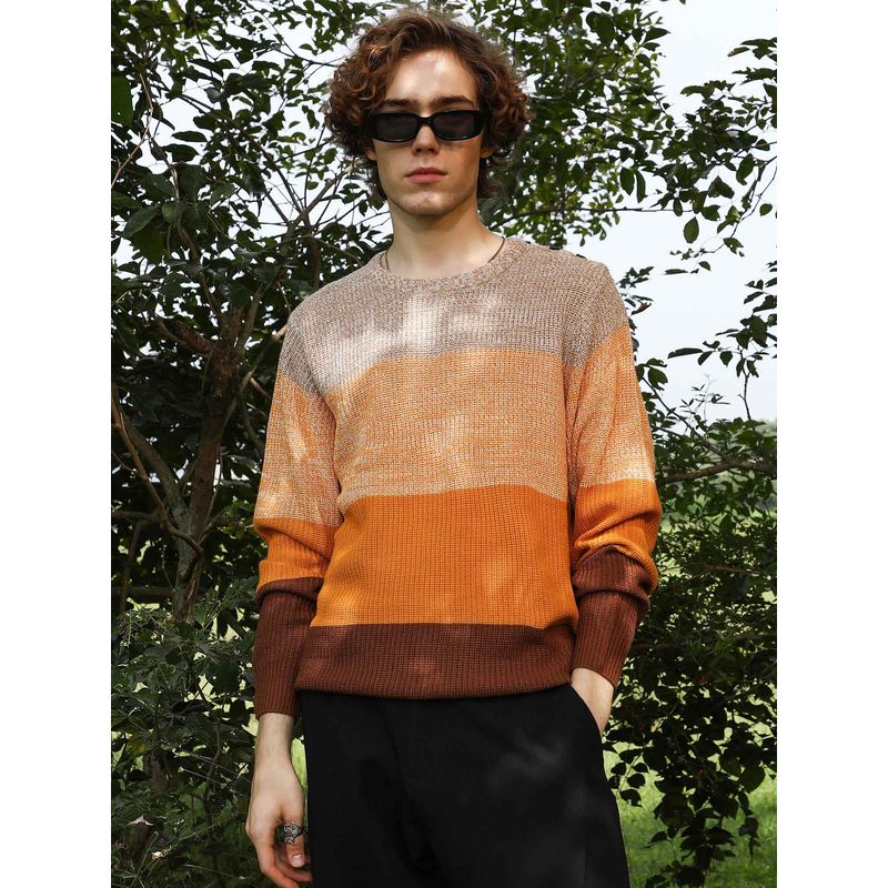 Campus Sutra Men's Pumpkin Orange and Chocolate Brown Contrast Panel Pullover Sweater (L)