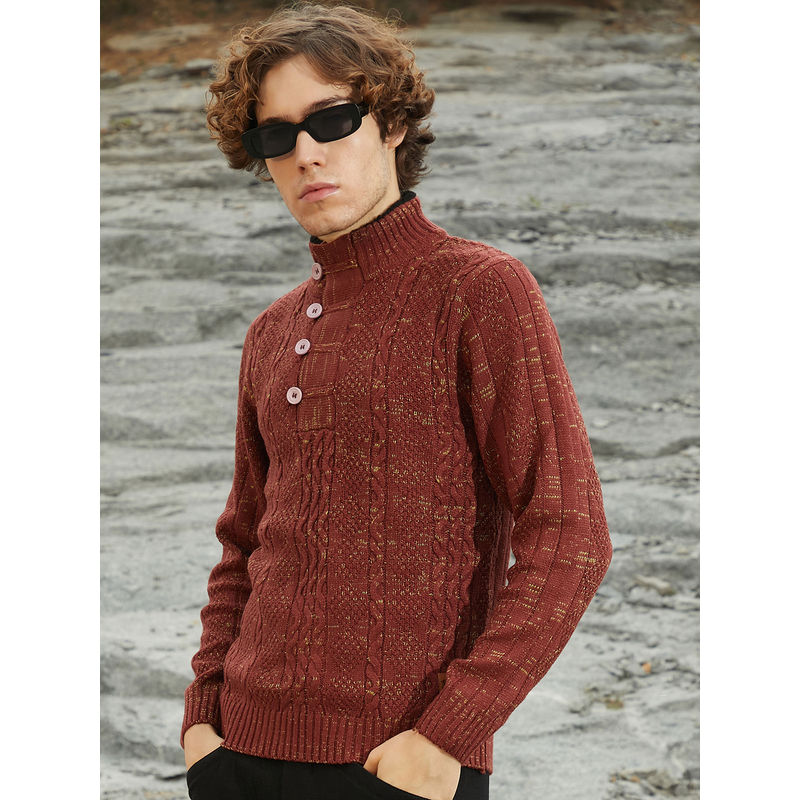 Campus Sutra Men's Terracotta Red Heathered Cable-Knit Sweater (L)