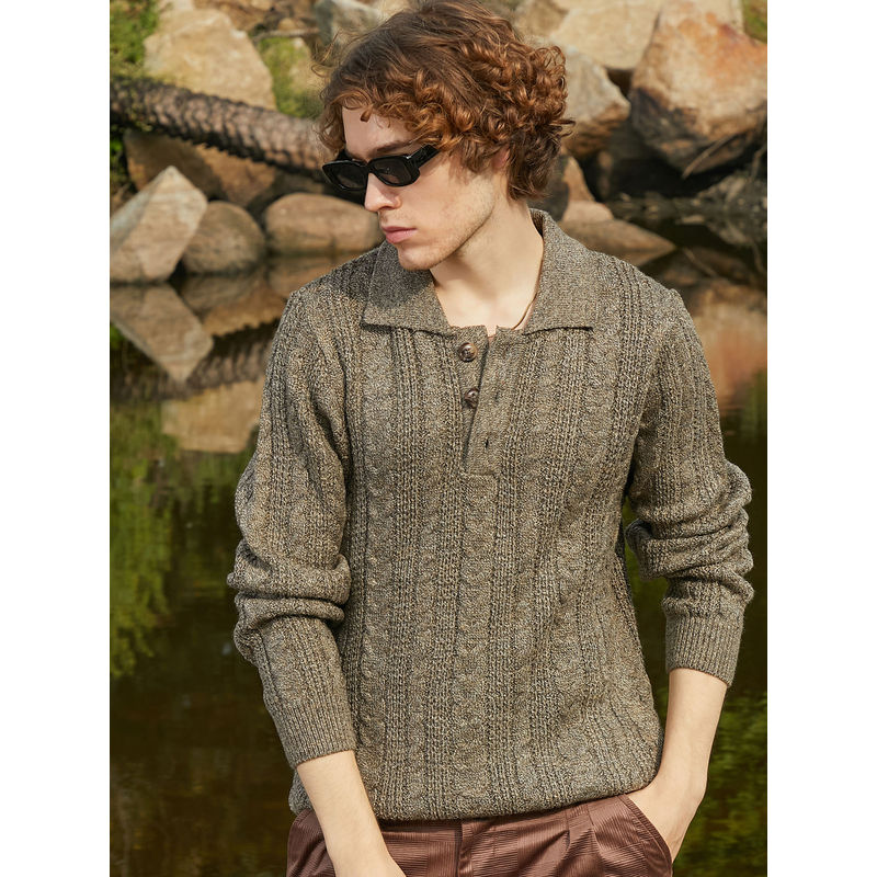 Campus Sutra Men's Olive Green Braid-Knit Collared Sweater (XL)