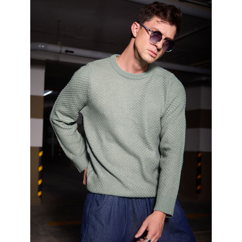 Campus Sutra Men's Sage Green Textured Knit Pullover Sweater (L)