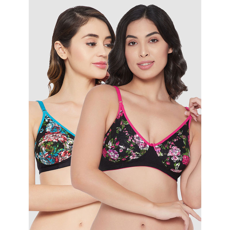 Clovia Pack Of 2 Cotton Non-Padded Non-Wired Full Cup Floral Print T-Shirt Bra - Multi-Color (32C)