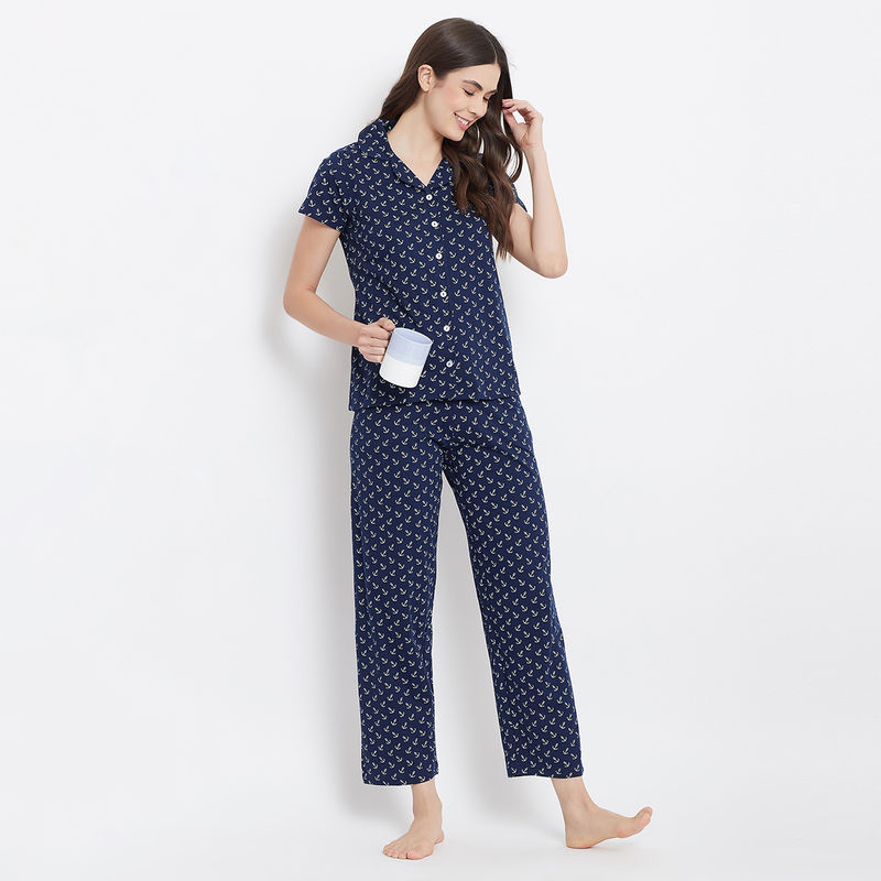 Clovia Cotton Printed Button Top & Pyjama Set - Blue (M)