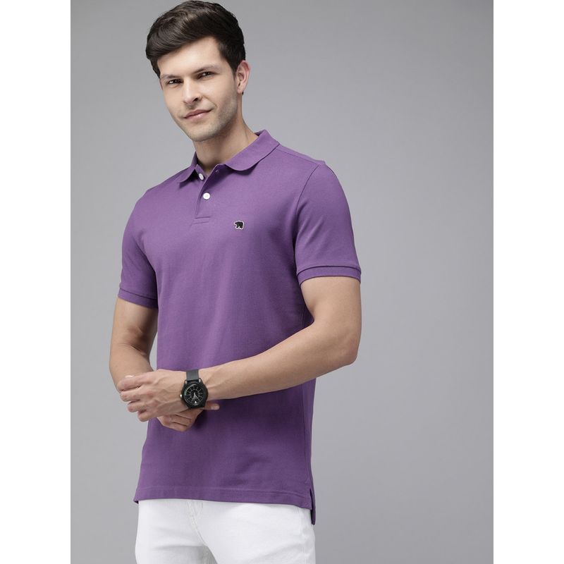 THE BEAR HOUSE Men Lavender Solid Slim Fit Polo Collar Pure Cotton T-Shirt (M)
