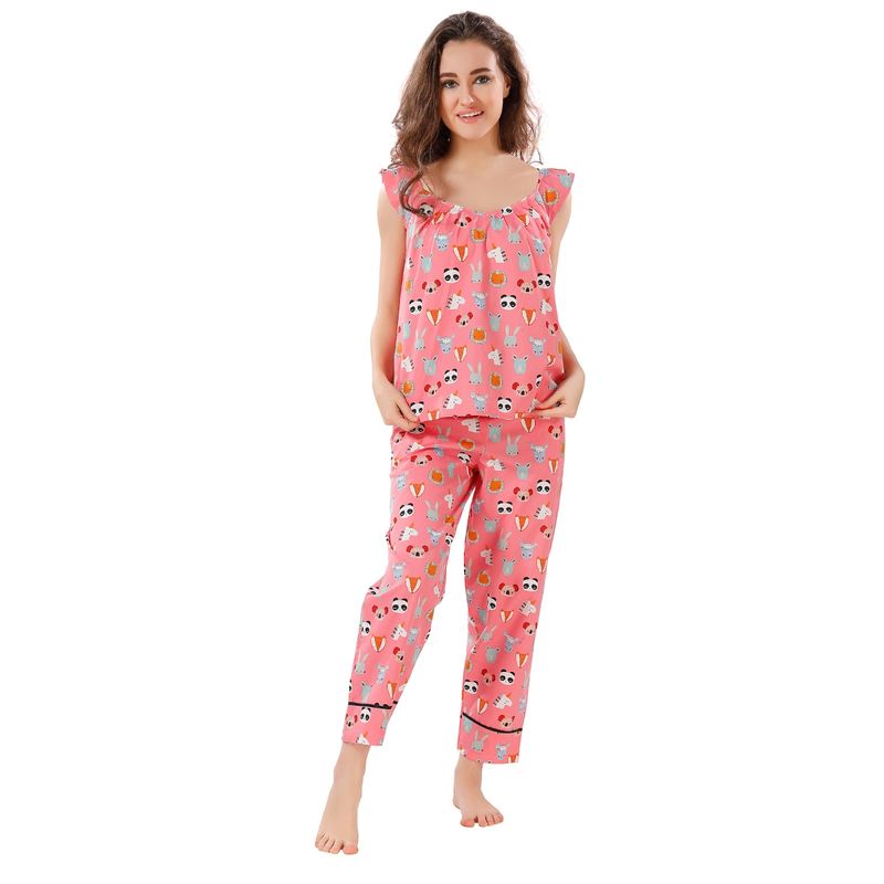 PIU Womens Quirky Print Cotton Nightsuit Pink (Set of 2) (S)