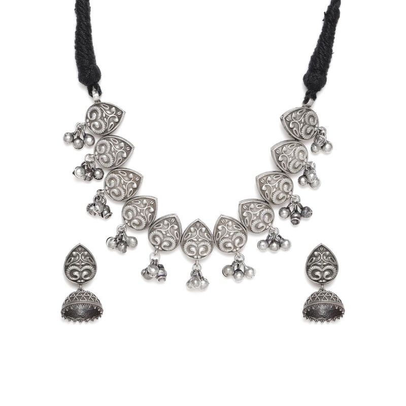 Womens Silver Oxidised Afghani Floral Design Design Ghungroo Choker Necklace Jewellery With Earring Set