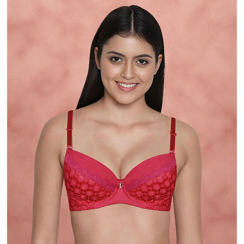 Shyaway Susie By Shyaway Hot Red Lace Cut Work Padded Wired Bra (32C)