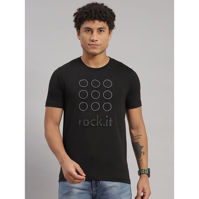 Rock.it Men Printed Round Neck Cotton Blend Black T-Shirt (S)