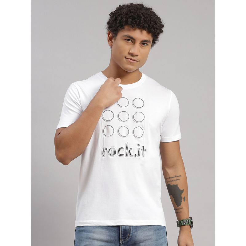 Rock.it Men Printed Round Neck Cotton Blend White T-Shirt (3XL)