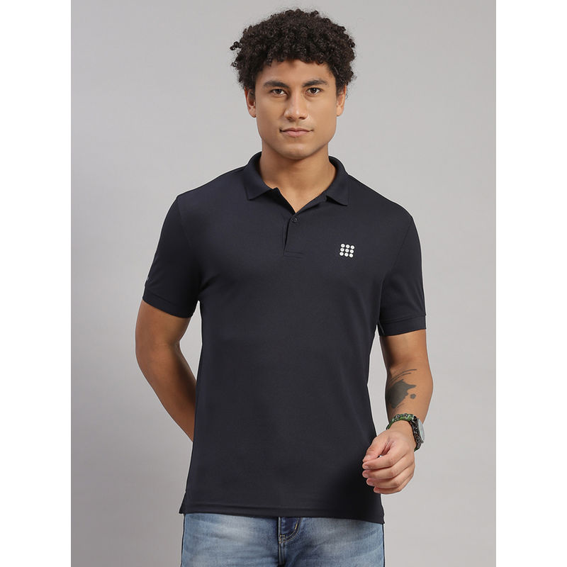 Rock.it Men Solid Collar Neck Polyester Navy Blue T-Shirt (S)