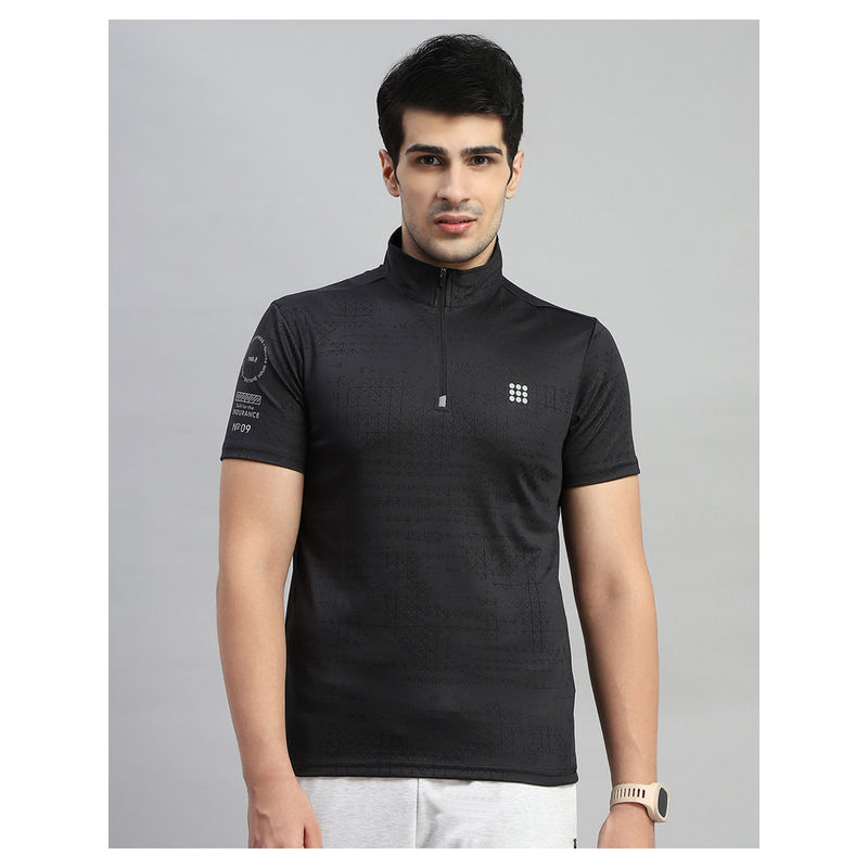 Rock.it Men Self Design High Neck Neck Polyester Black T-Shirt (M)