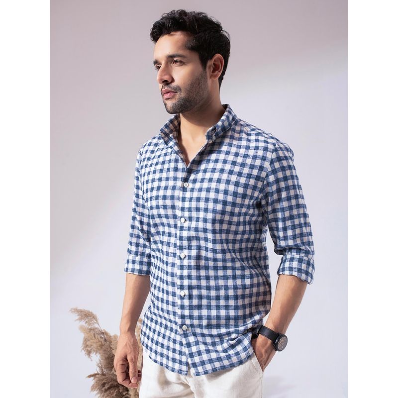 Perch Men Blue Check Linen Cotton Shirt (S)