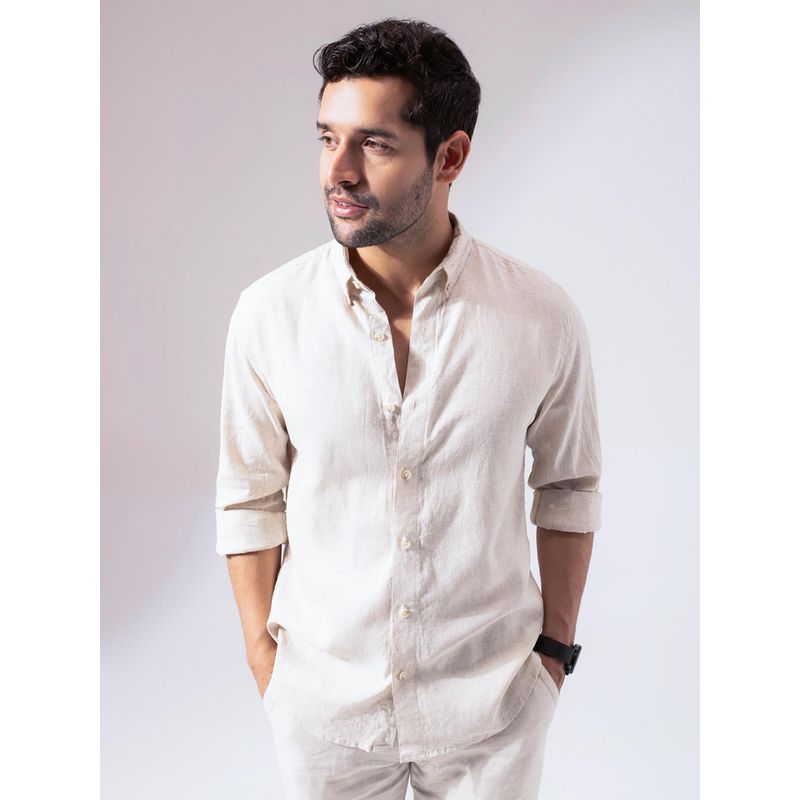 Perch Men Natural Grain Beige Color Linen Solid Cotton Shirt (M)