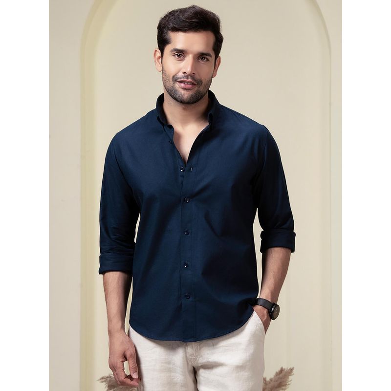 Perch Men Navy Blue Linen Cotton Button Down Solid Shirt (L)