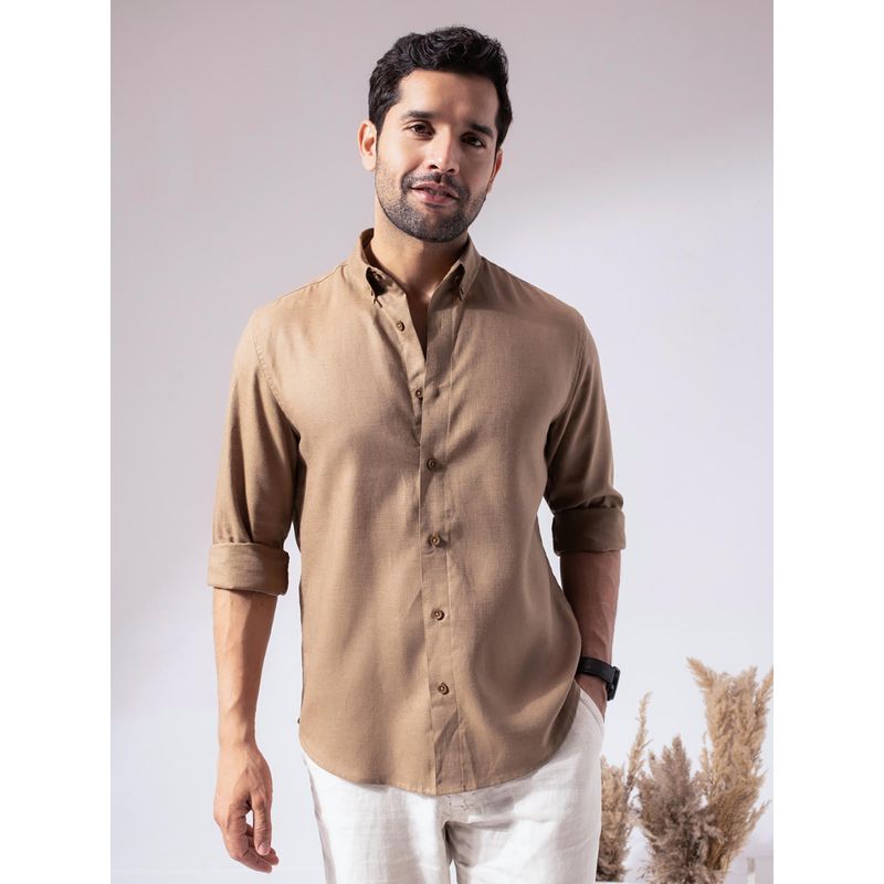 Perch Men Brown Linen Cotton Button Down Solid Shirt (L)